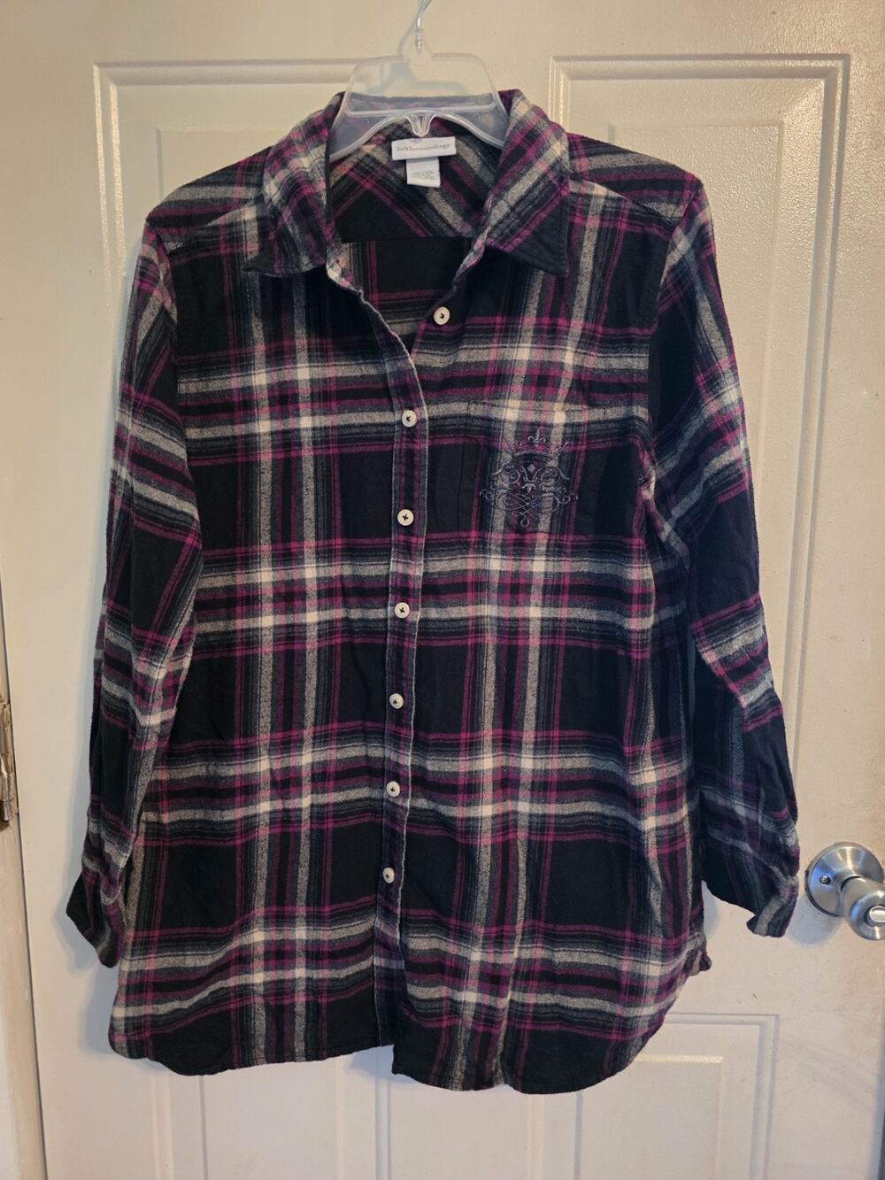 Soft Surroundings Plaid Flannel Button Up Shirt Size L Black Pink Whimsigoth